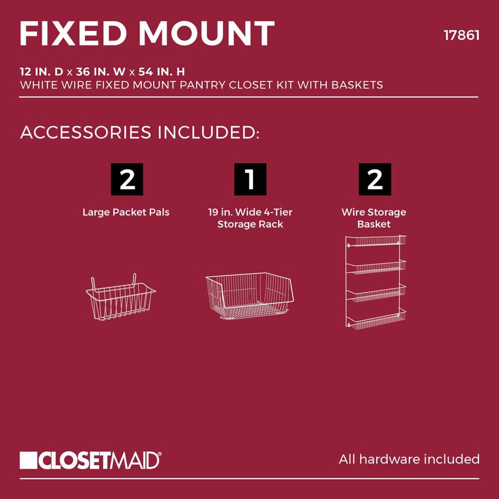 12 in. D x 36 in. W x 54 in. H White Wire Fixed Mount Pantry Closet Kit With Baskets - Hercitys