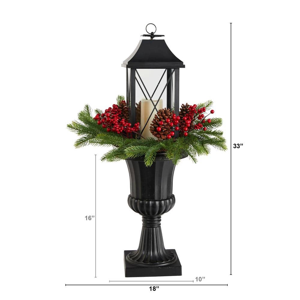 33 in. Unlit Holiday Greenery, Berries and Pinecones in Decorative Urn with Large Lantern, LED Candle, Christmas Decor - Hercitys
