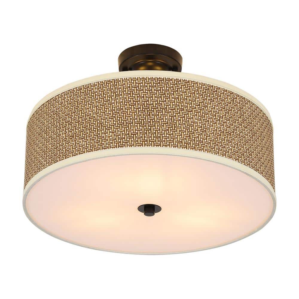 16.9 in. 3-light Brown Modern Rattan Semi-flush Mount Ceiling-Light - Hercitys