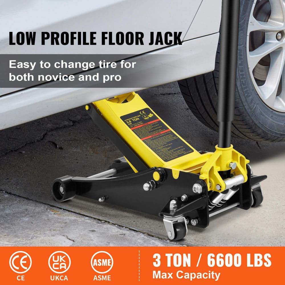 3 Ton Low Profile Floor Jack, Floor Jack , Heavy-duty Steel Racing Floor Jack with Dual Pistons Quick Lift Pump - Hercitys