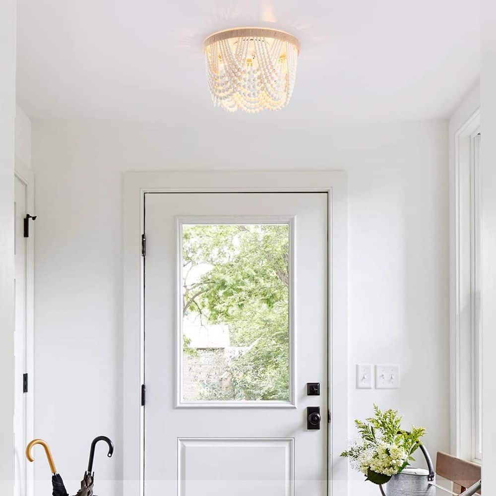 12.6 in. 3-Light Antique Rustic White Flush Mount Bohemia Wood Beaded Ceiling Light Mini Chandelier - Hercitys