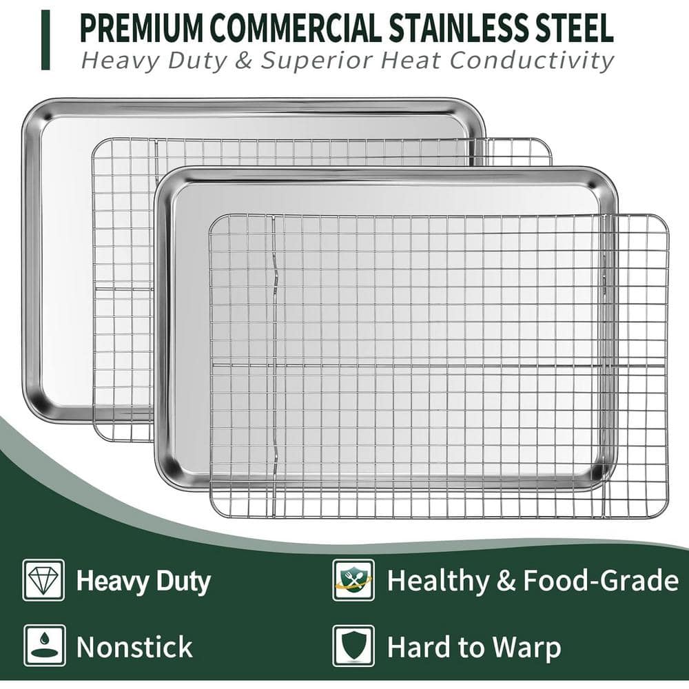 2-Piece Stainless Steel Quarter Sheet Pan with Cooling Rack Set [2 Baking Sheets & Racks] Rust,Warp Resistant & Nonstick - Hercitys