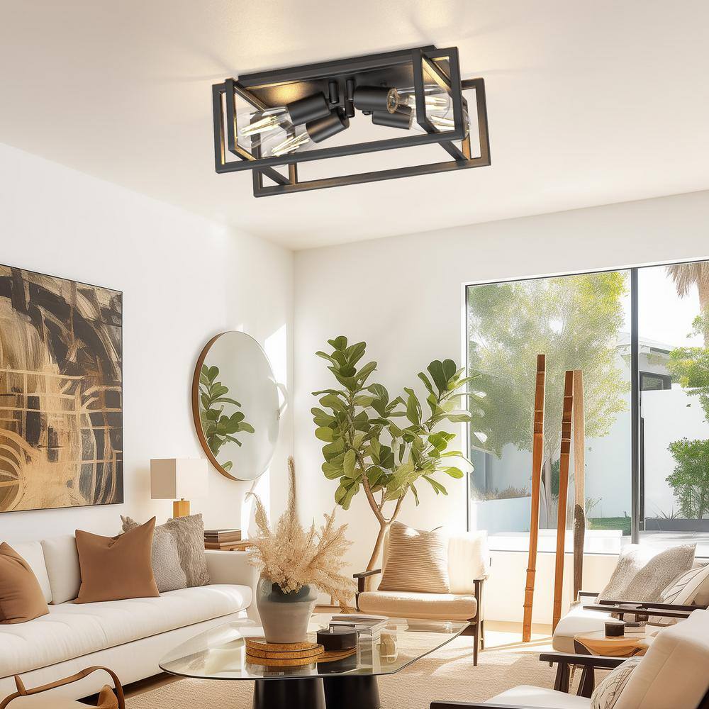 11.41 in. 4-Light Industrial Metal Black Caged Square Flush Mount Industrial Vintage Ceiling Lighting for Living Room - Hercitys