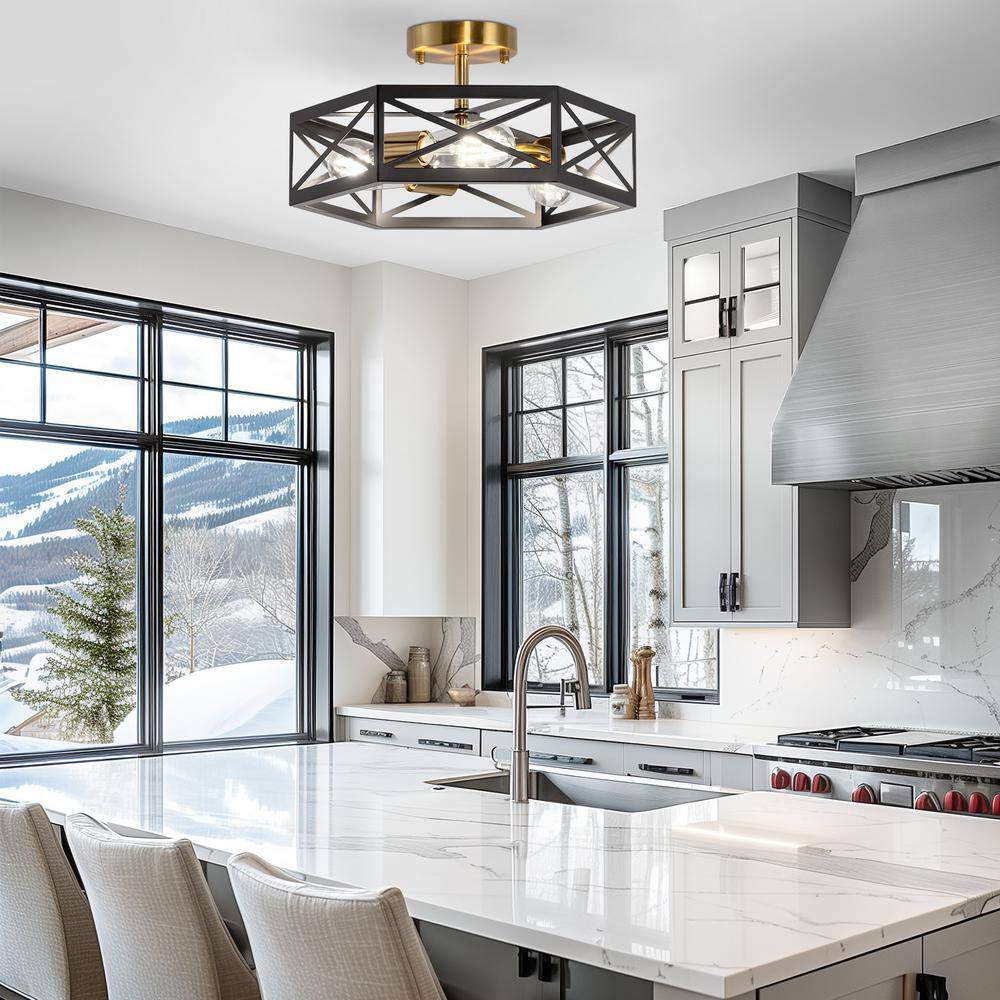 15 in. 3-Light Black Gold Flush Mount Modern Ceiling Light, Hallway Light Fixtures Ceiling Mount - Hercitys