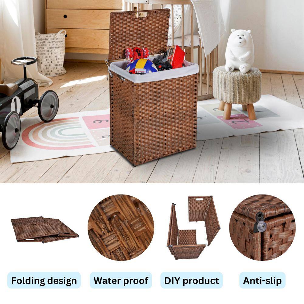 26.4 Gal. Laundry Hamper with Lid PE Rattan Powder Coating Frame Clothes Hampers with 2 Removable Bags, Brown Deck Box - Hercitys
