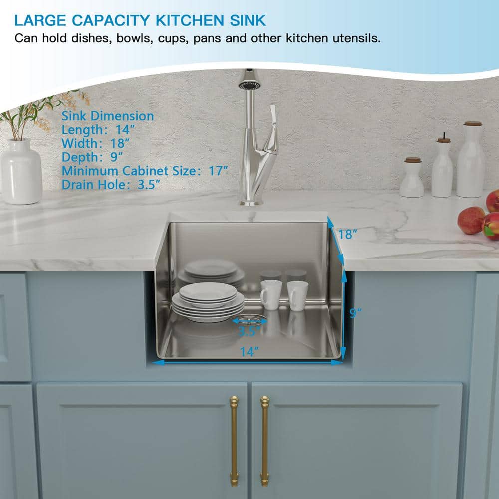 14 in.x 18 in.Undermount Sink Single Bowl 18-Gauge Stainless Steel Topmount Bar Sink - Hercitys