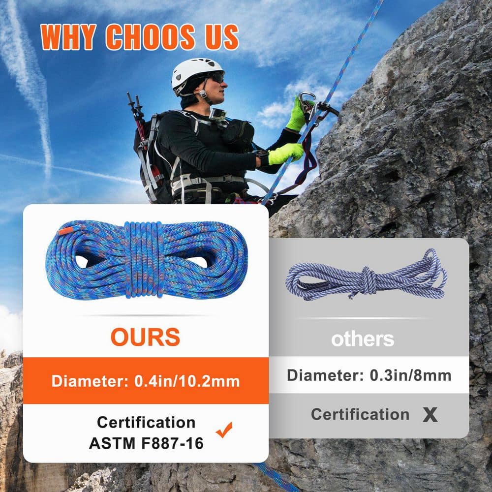 10.2 mm Dynamic Climbing Rope, 50 M(164 ft. ) Outdoor Rock Climbing Rope 25 KN Breaking Tension, Stretchable Fiber Rope - Hercitys