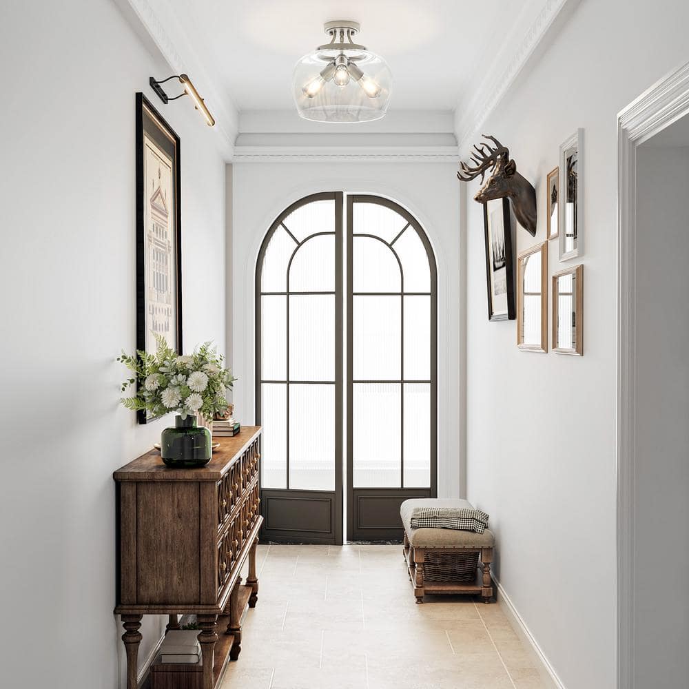 3-Light Blushed Nickel Semi Flush Mount Ceiling Light with Glass Shade - Hercitys