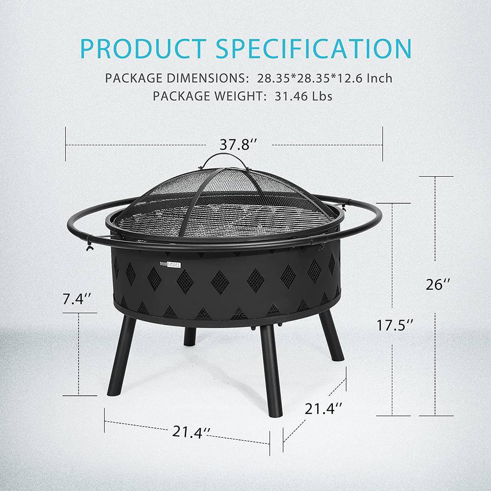 37.8 in. x 21.4 in. Round Iron Wood Fire Pit with Spark Screen, Round Grill Grid, Poker and Fireplace Cover (6-Piece) - Hercitys