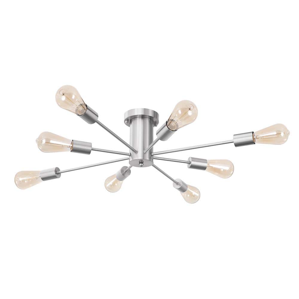 30.07 in. 8-Light Nickel Sputnik Semi- Flush Mount For Living Room Foyer with No Bulbs Included - Hercitys