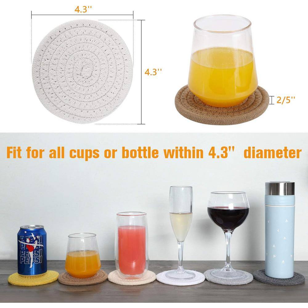 4.3 in. Handmade Round Woven Coaster for Coffee Tabletop Absorbent Drink Coaster in White (Set of 6) - Hercitys