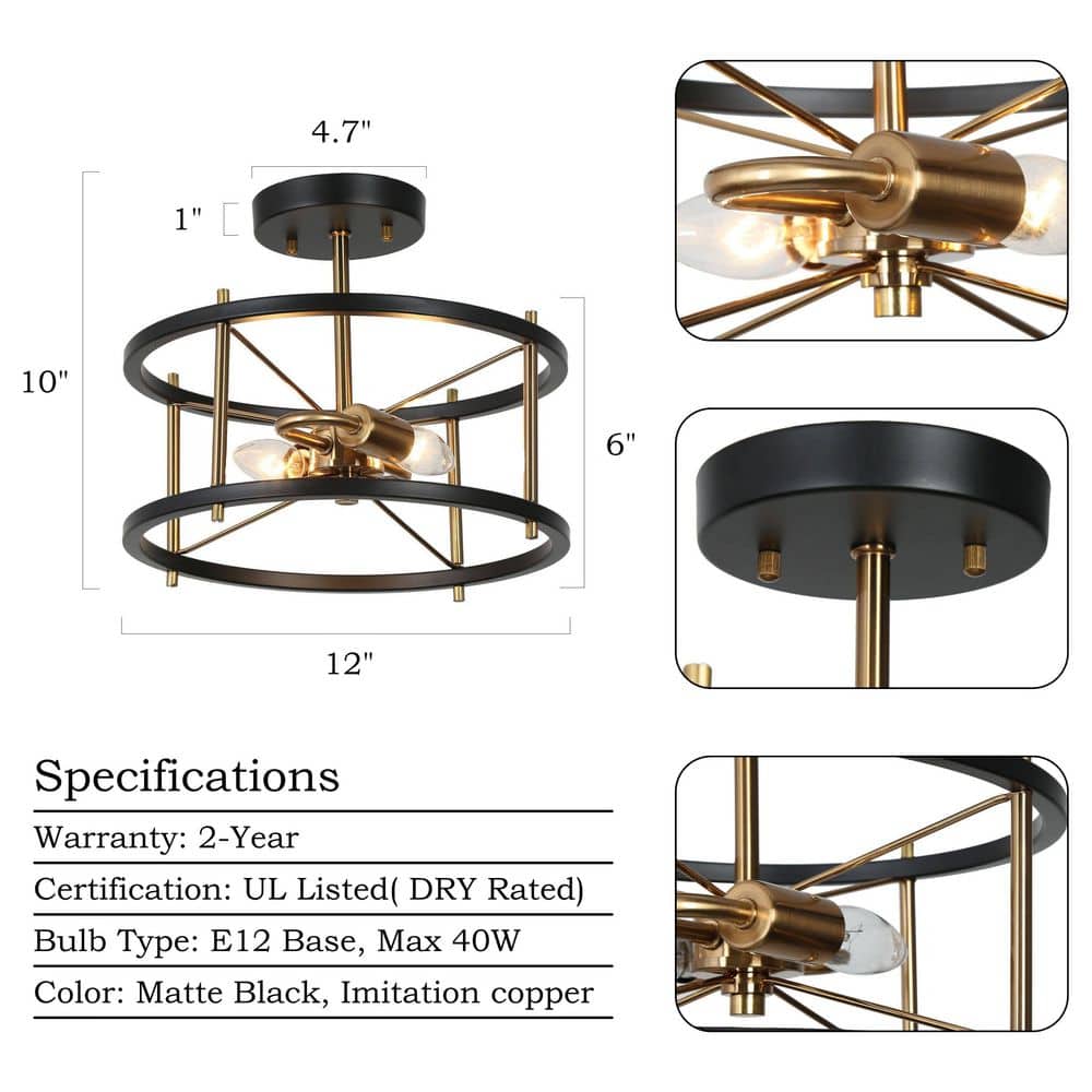 12 in. 2-Light Black Modern Semi-Flush Mount, Brass-Plated Ceiling Light, Farmhouse Open Cage Light Fixture - Hercitys