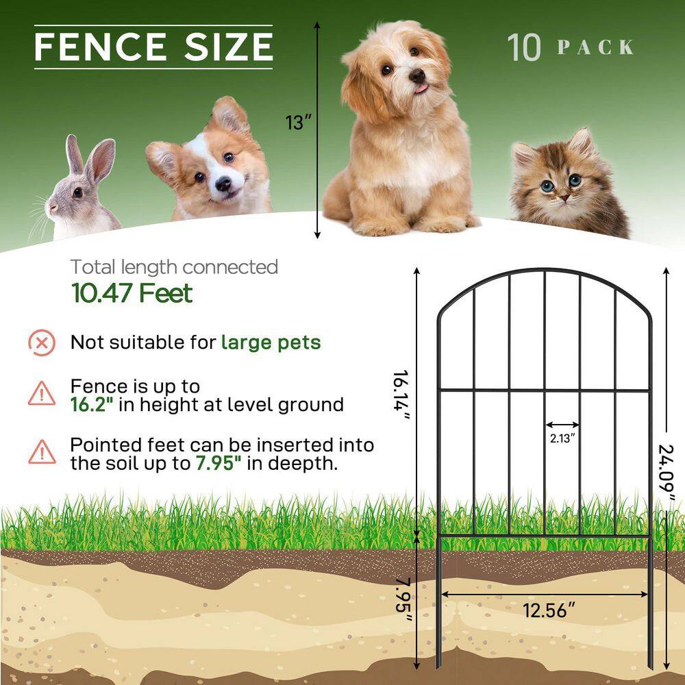 24 in. Metal Garden Fence, 10.5 ft. Rustproof Animal Barrier, 10-Panels, Black - Hercitys