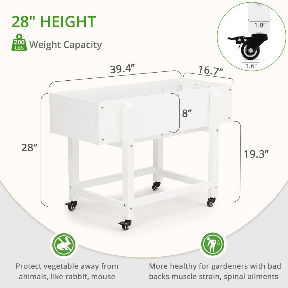 39 in. x 16.7 in. x 28 in. White Plastic Mobile Elevated Garden Beds with Lockable Wheels, Liner - Hercitys