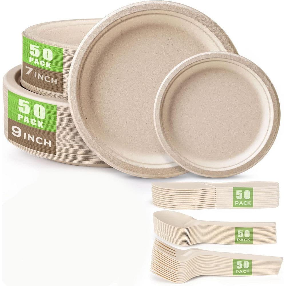 250-Pieces Compostable Disposable Plates and Utensils Set, Eco-Friendly Dinnerware Kit for Parties and Camping - Hercitys