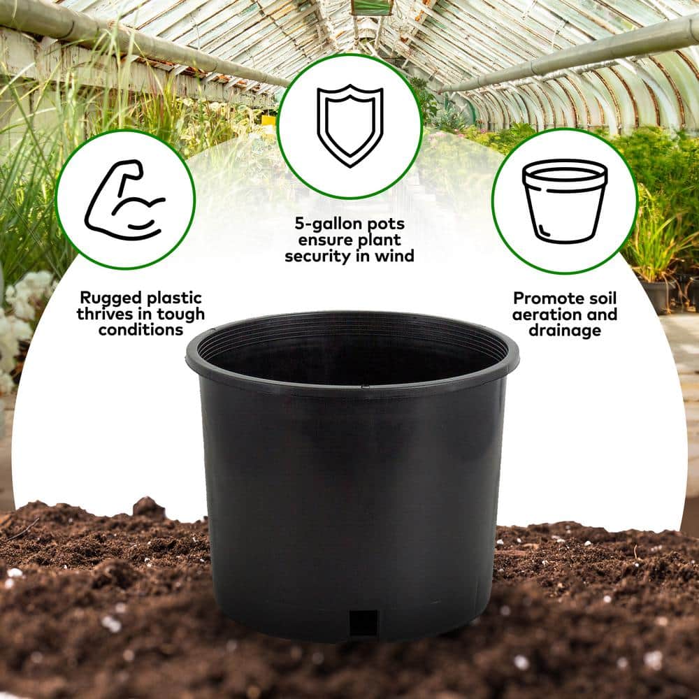 5 Gal. Premium Nursery Black Plastic Planter Garden Grow Pots, 5-Pack - Hercitys