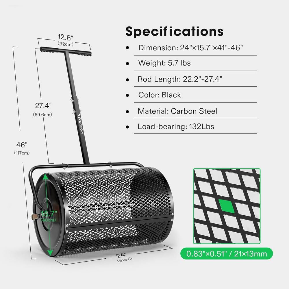 132 lbs. 24 in. Steel Compost Spreader with Adjustable T-Shaped Handle in Black - Hercitys