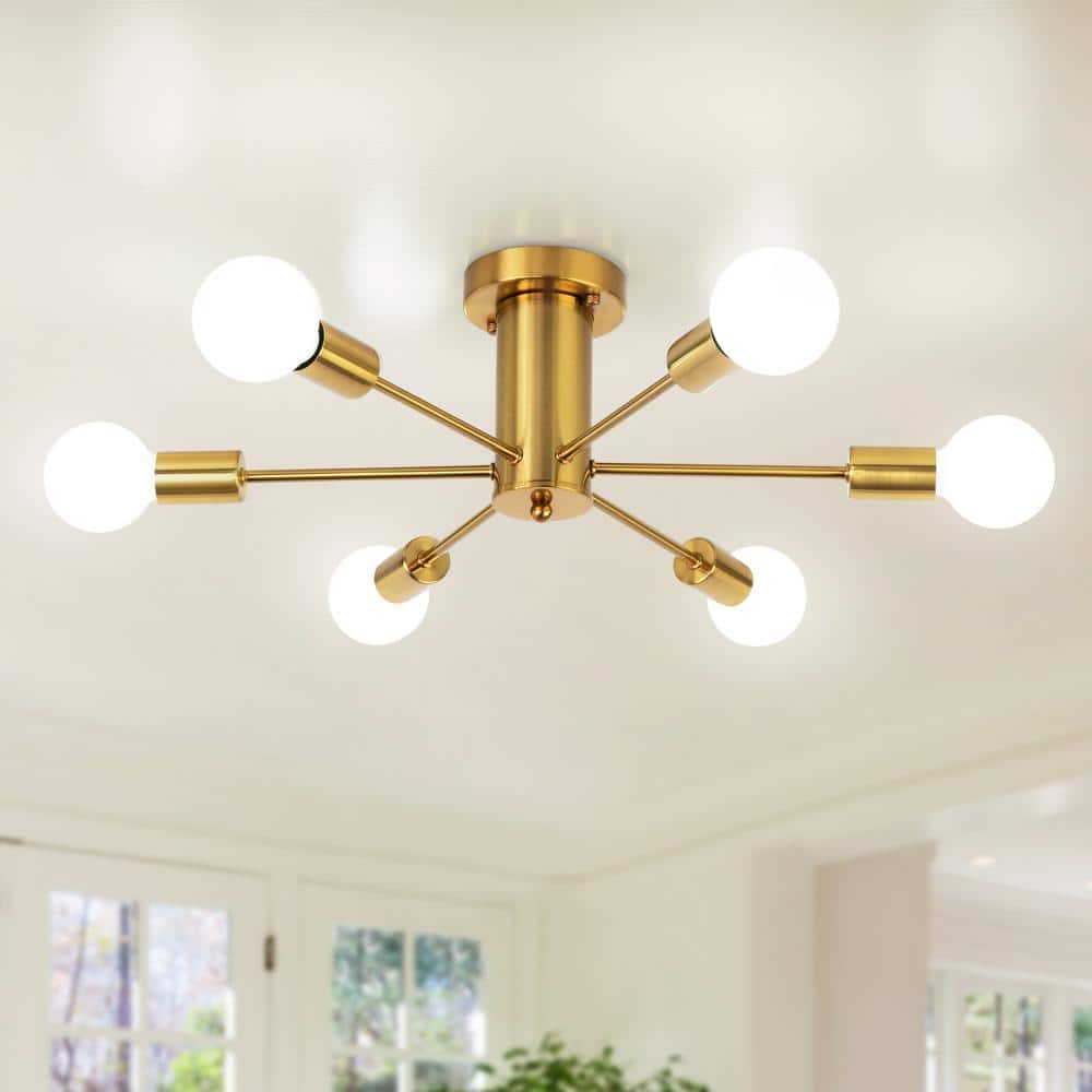 21.84 in. 6-Light Gold Sputnik Transitional Flush Mount Ceiling Lights - Hercitys