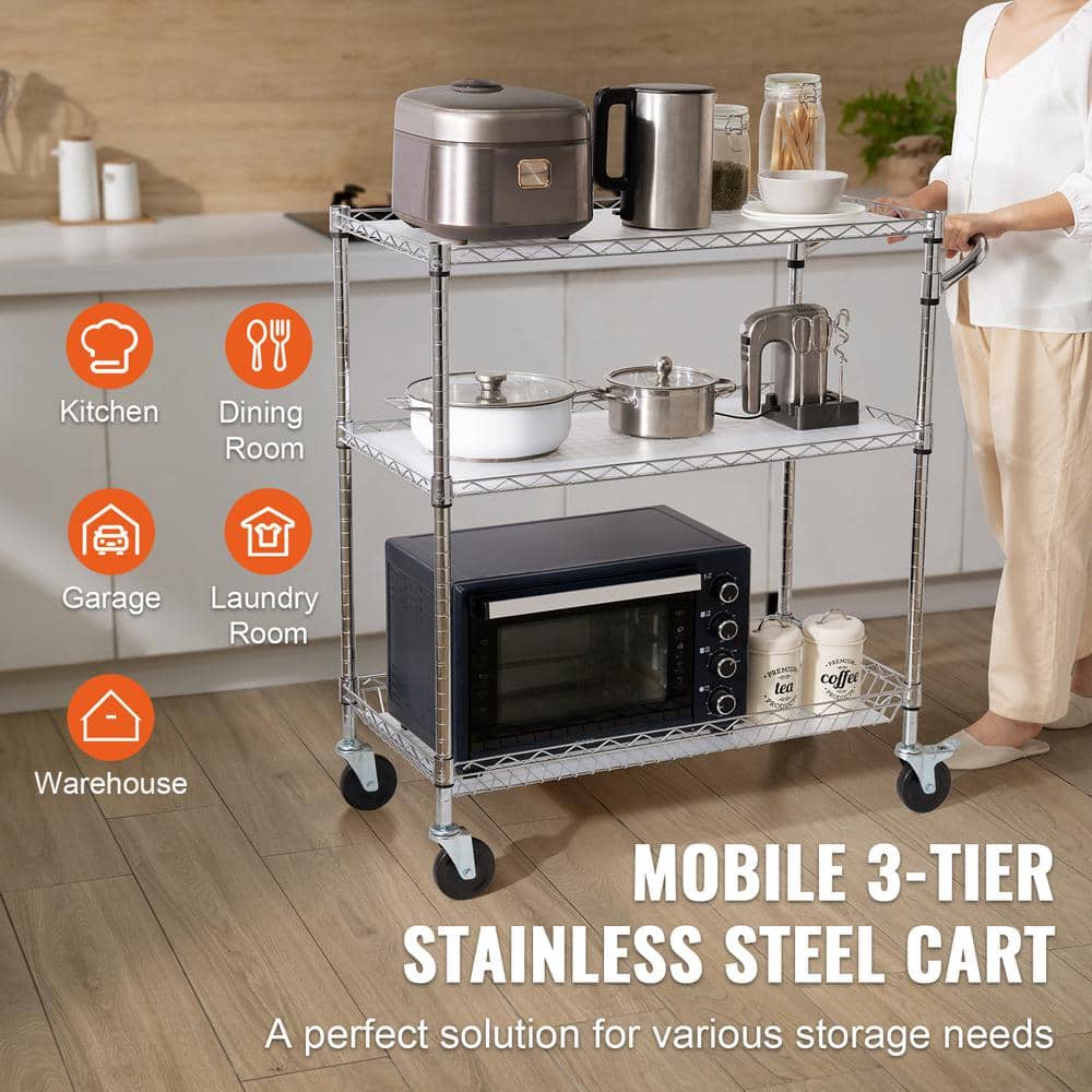 3-Tier Rolling Kitchen Cart, 661LB. Capacity, Steel Storage Trolley, Metal Service Cart with 80mm Basket - Hercitys