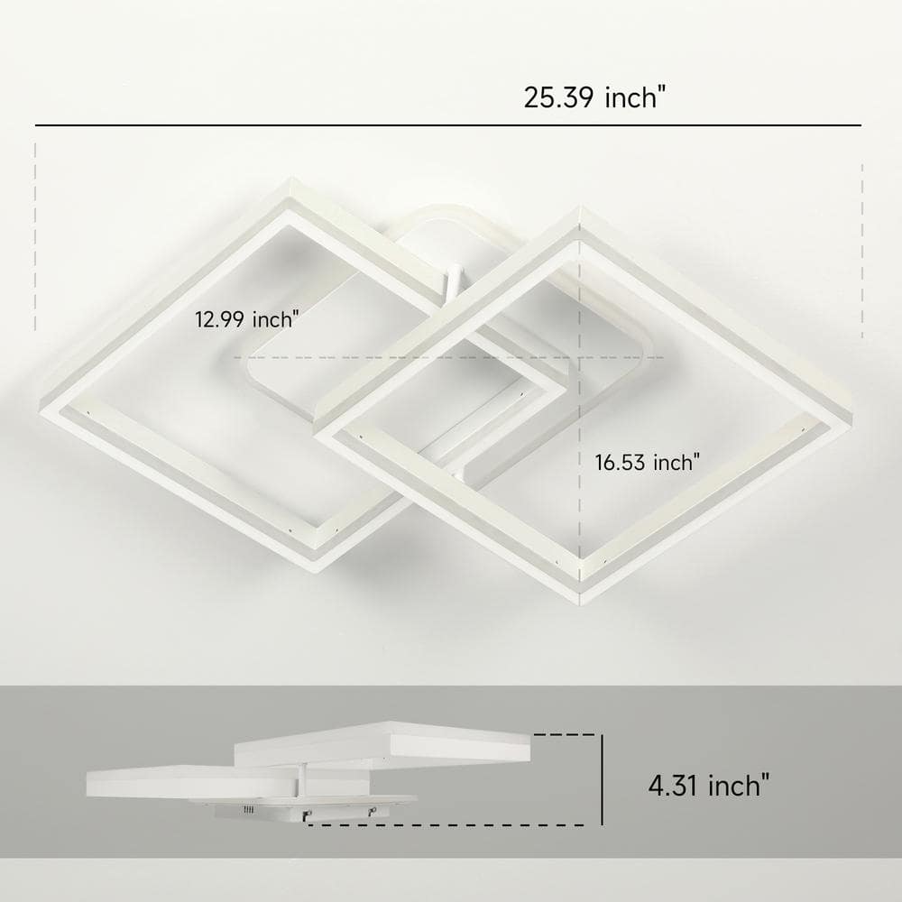 25 in. Modern White Integrated LED Square Dimmable Aluminum Frame Semi-Flush Mount Ceiling Light with Remote Control - Hercitys