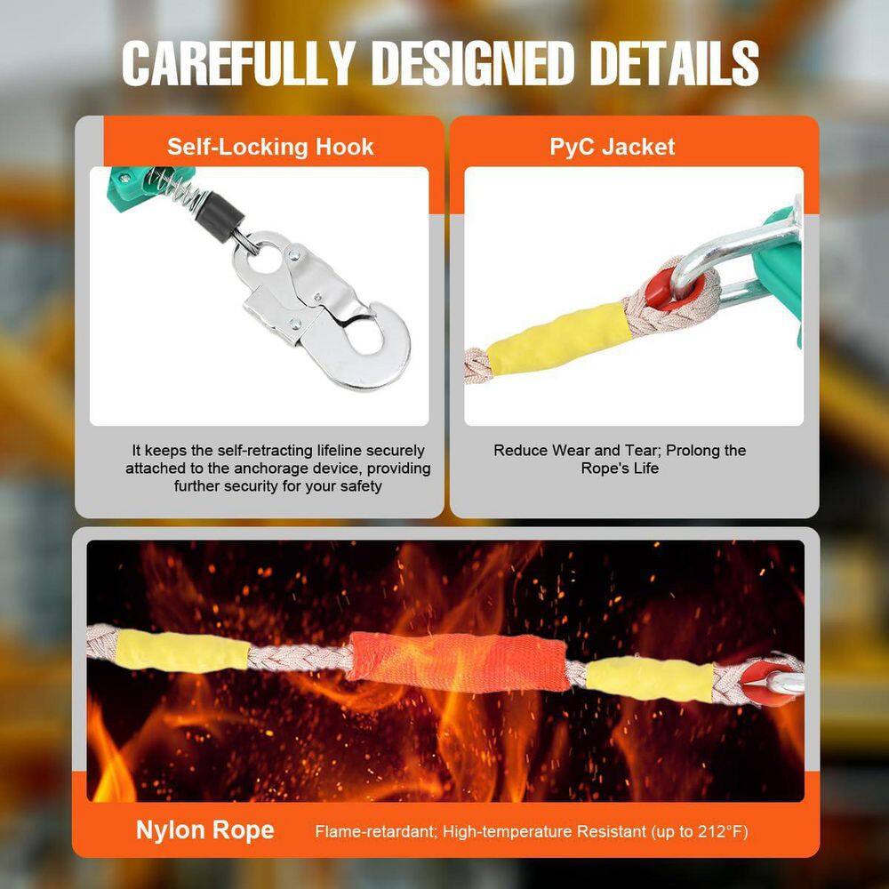 33 ft. Self Retracting Lifeline Fall Arrester Lanyard Safety Harness Protection with Alloy Steel Hook - Hercitys