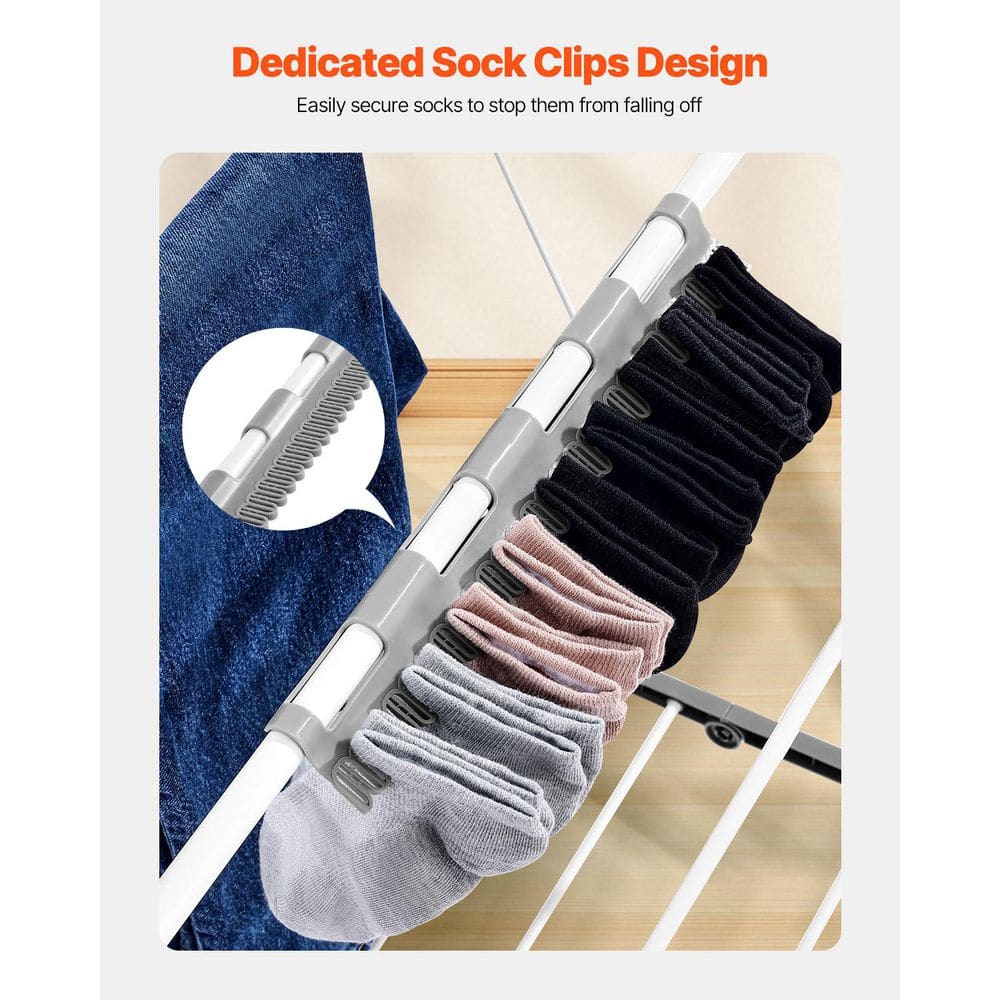2-Tier Foldable Laundry Dryer Rack with 21 Drying Rods, Sock Clips, Metal Height-Adjustable, White - Hercitys