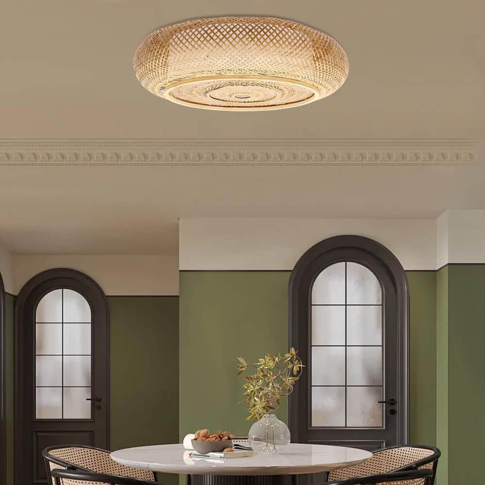 23.6 in. 3-Light Yellow Rural Round Semi-Flush Mount Ceiling Light with Rattan Shade and No Bulbs Included - Hercitys