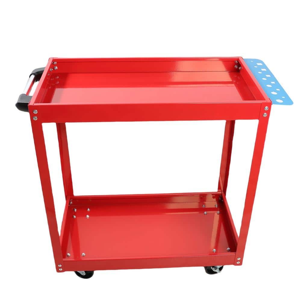 2-Tier Heavy Duty Metal 4-Wheeled Storage Shelves Utility Cart with Lockable Wheels and Handle in Red - Hercitys
