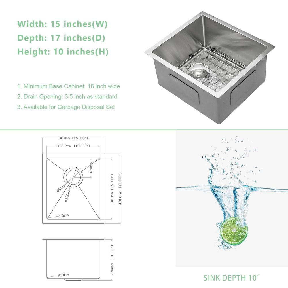 15 in. Undermount Single Bowl 16-Gague Stainless Steel Kitchen Sink with Basket Strainer and Bottom Grid - Hercitys
