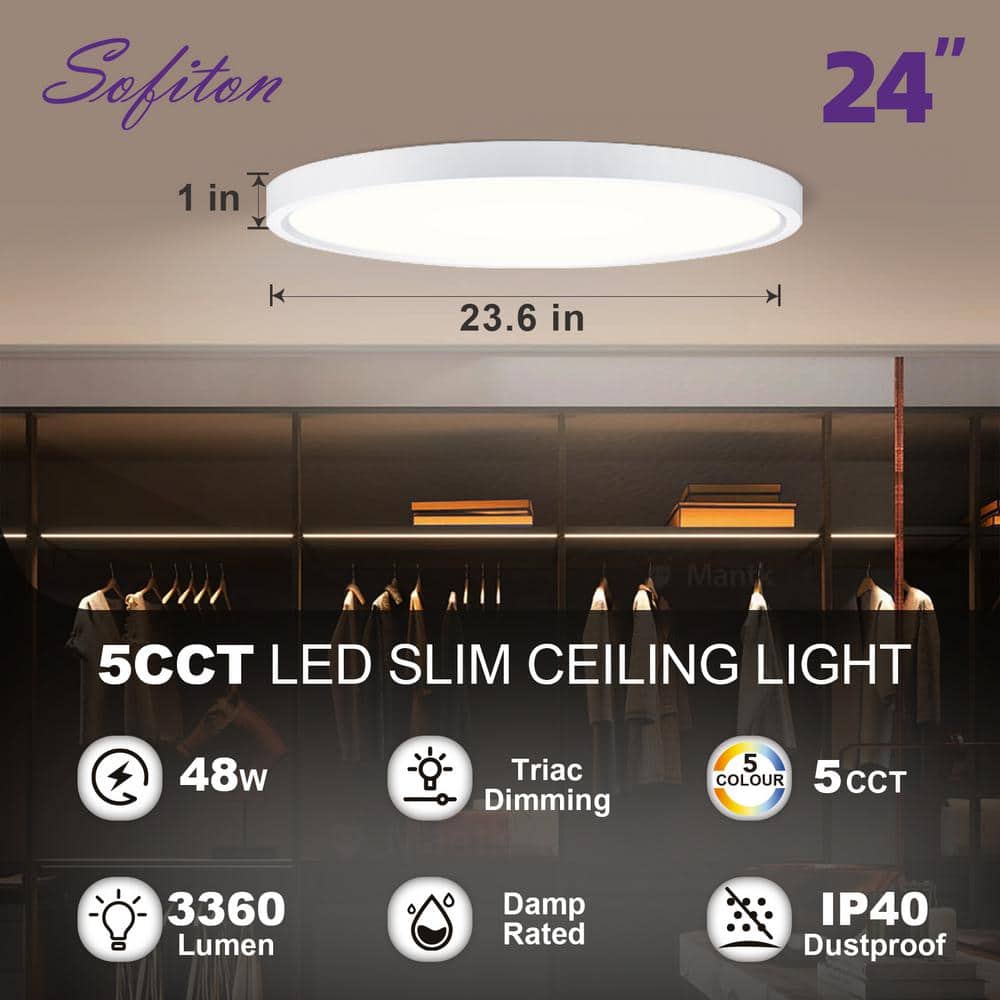 24 in. Round White Integrated LED Flush Mount Light Super Narrow Frame Slim LED Flush Mount Light with 5CCT Selectable - Hercitys