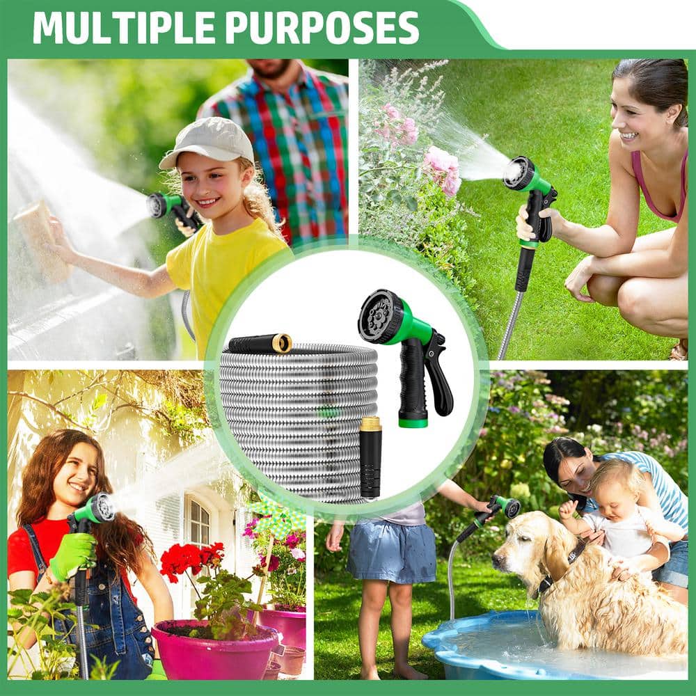 5/8 in. Dia. x 100 ft. Metal Garden Hose Stainless Steel Heavy-Duty Water Hose with 10 Function Nozzle Flexible - Hercitys