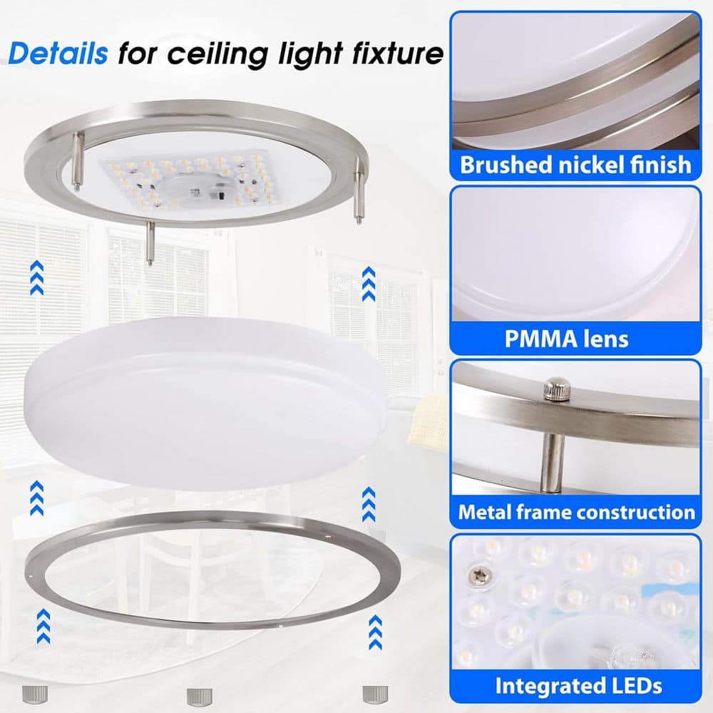 18 in. LED Round Ceiling Light Dimmable Modern Flush Mount Brushed Nickle 24W-32W 3000K-5000K - Hercitys