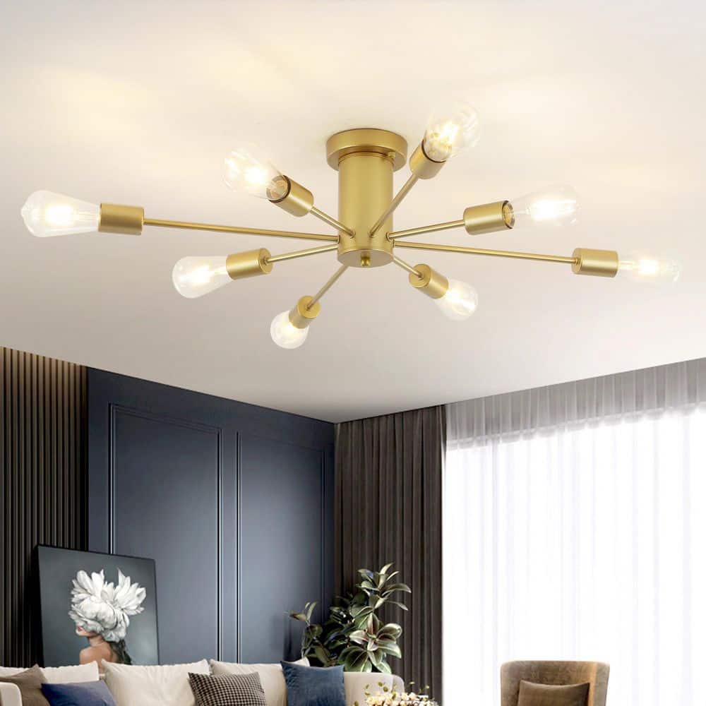 30.07 in. 8-Light Gold Sputnik Transitional Flush Mount Ceiling Lights - Hercitys
