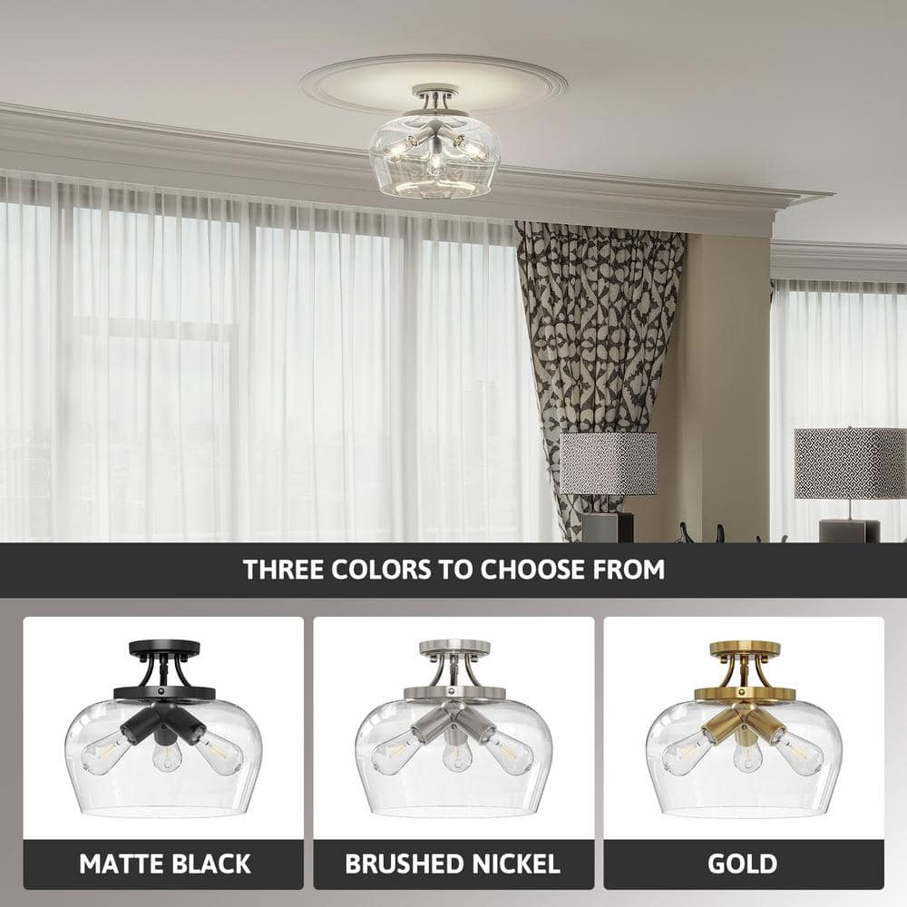 3-Light Blushed Nickel Semi Flush Mount Ceiling Light with Glass Shade - Hercitys