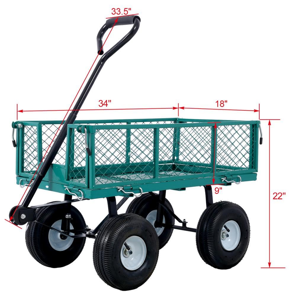 3 Cu. Ft. Green Steel Garden Cart, Wagon Cart, Removable Side Steel Mesh - Hercitys