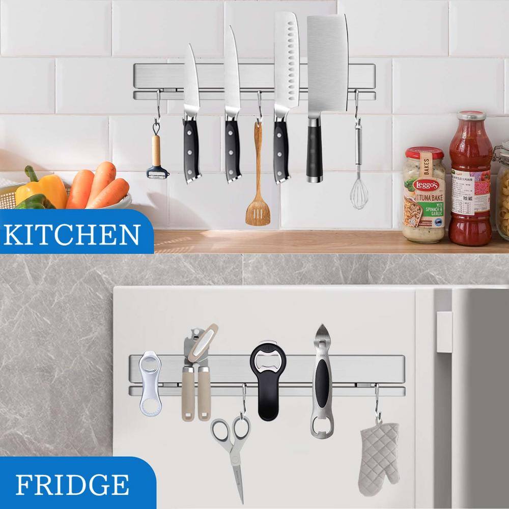 5-Knife 17 in. 304 Stainless Steel Magnetic Knife Strip, Magnetic Knife Bar with 12 Hooks and 3 Mounting Options - Hercitys