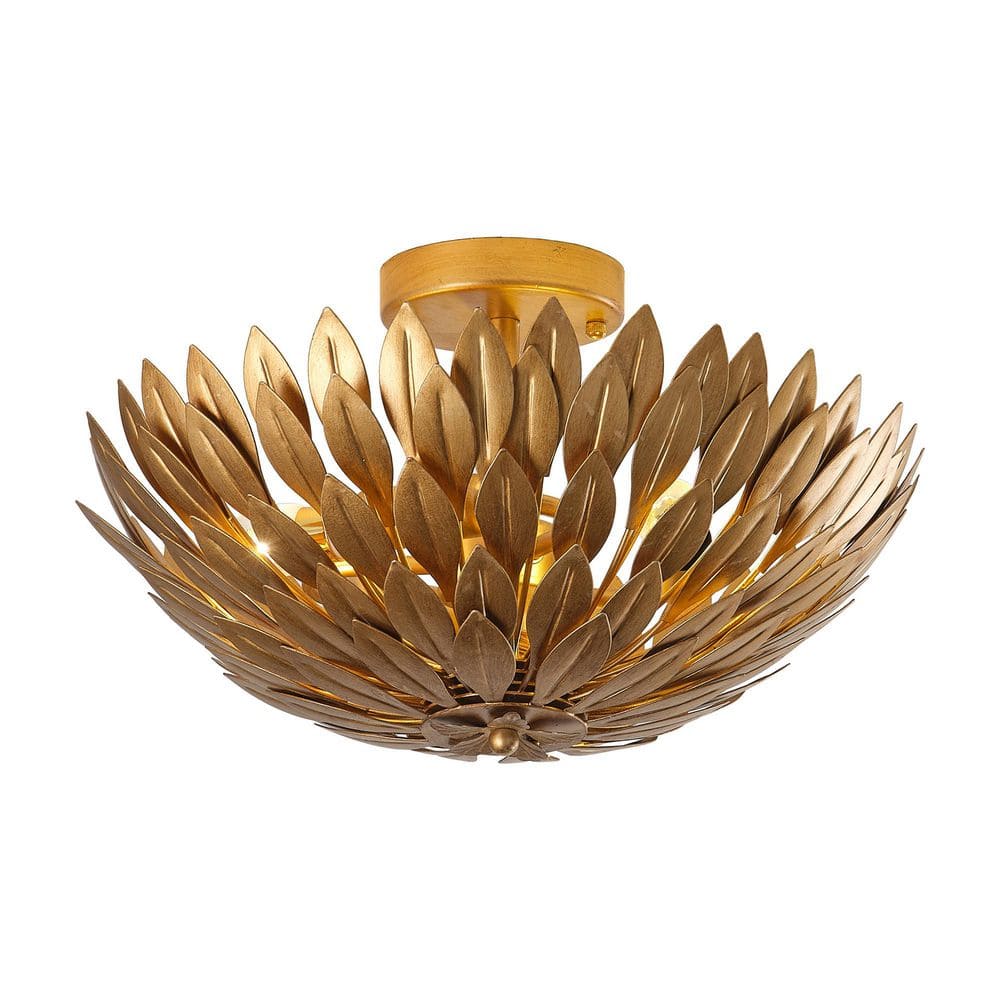 15.75 in. 3-Light Antique Gold Semi-Flush Mount Ceiling Light with Layers of Leaves Shade - Hercitys