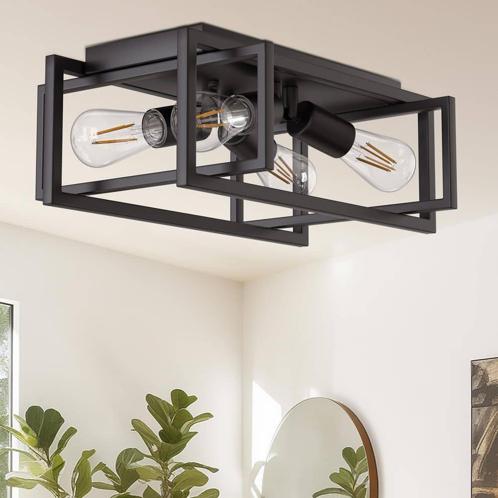 16.5 in. Industrial 4-Light Flush Mount Ceiling Light Fixture, Black Metal Frame with E26 Base No Bulbs Included - Hercitys