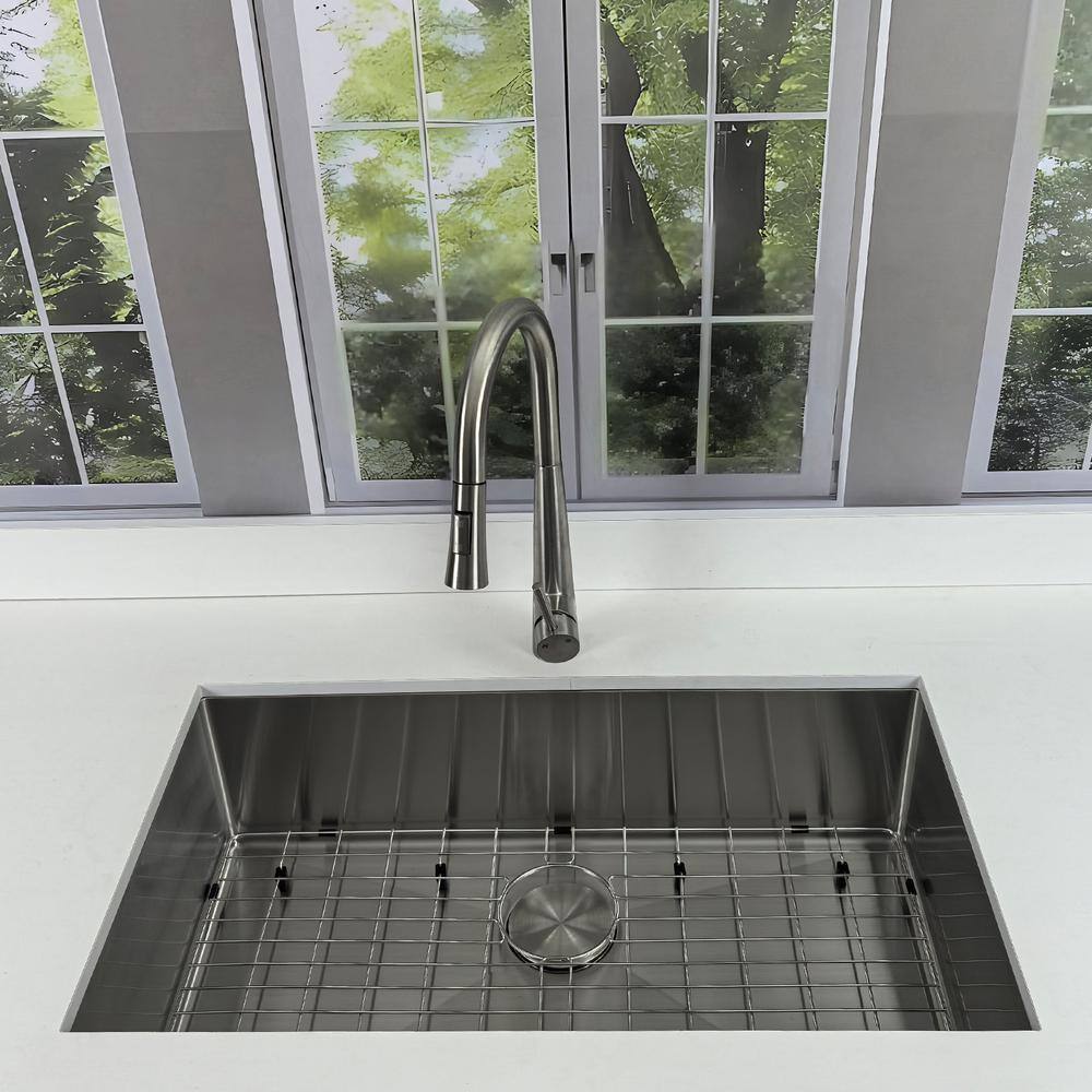 32 in. Undermount Kitchen Sink-16 Gauge Stainless Steel Single Bowl, Modern Design with Grid, Strainer and Drying Rack - Hercitys