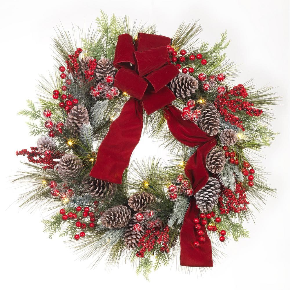 30 in. Pre-Lit Artificial Christmas Wreath with Pinecones and Burgundy Ribbon - Hercitys