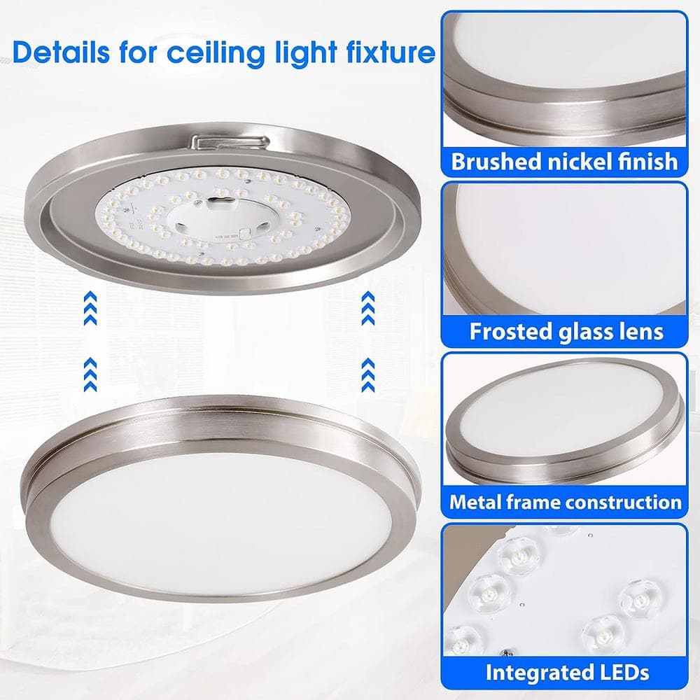 14 in. Brushed Nickel Slim Flush Mount with Frosted Glass Shade Integrated LED Dimmable Lamp (6-Pack) - Hercitys