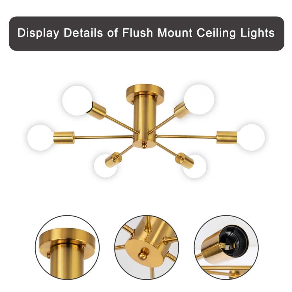 21.84 in. 6-Light Gold Sputnik Transitional Flush Mount Ceiling Lights - Hercitys