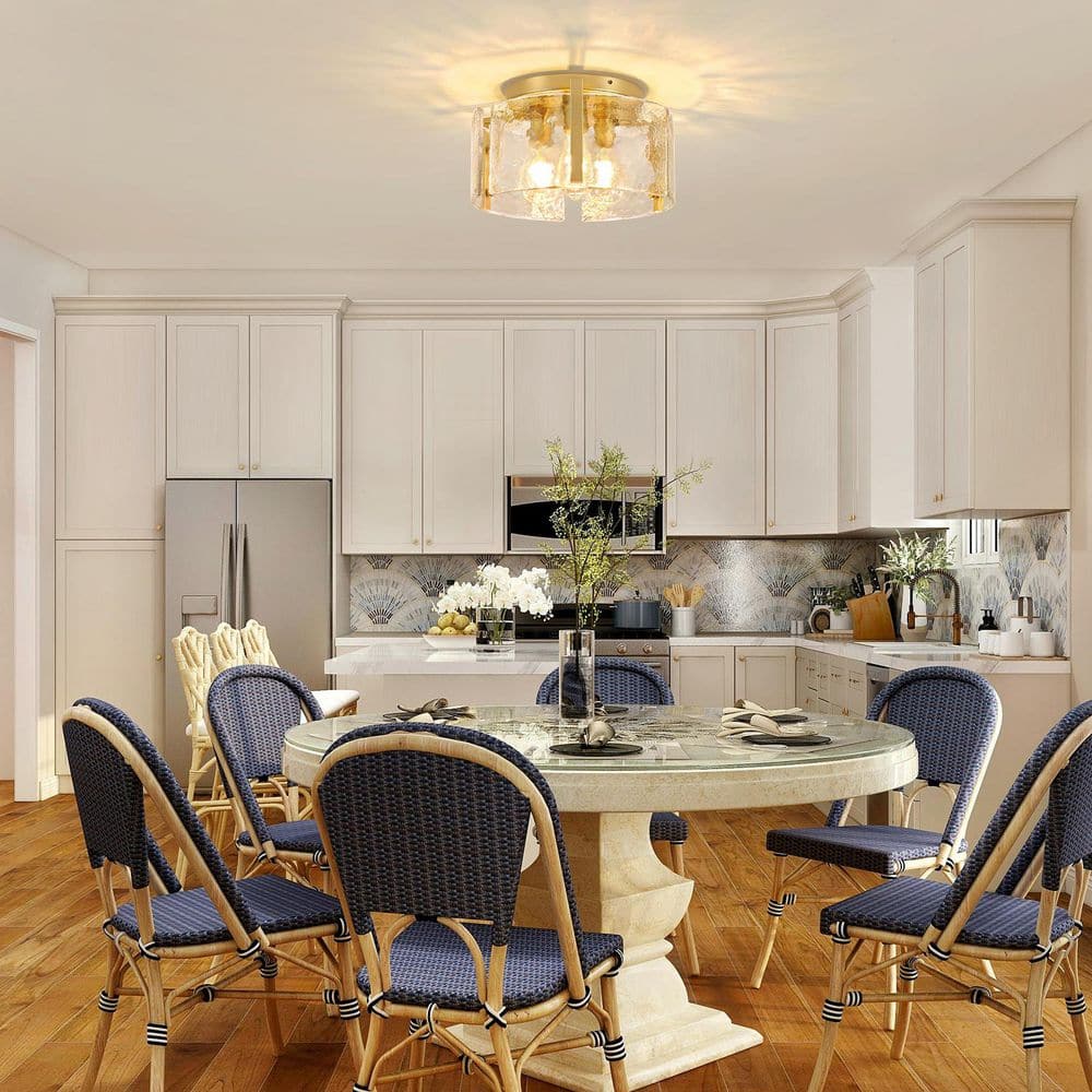 14.96 in. 3-Light Gold Modern Flush Mount Ceiling Light with Water Glass Shade - Hercitys