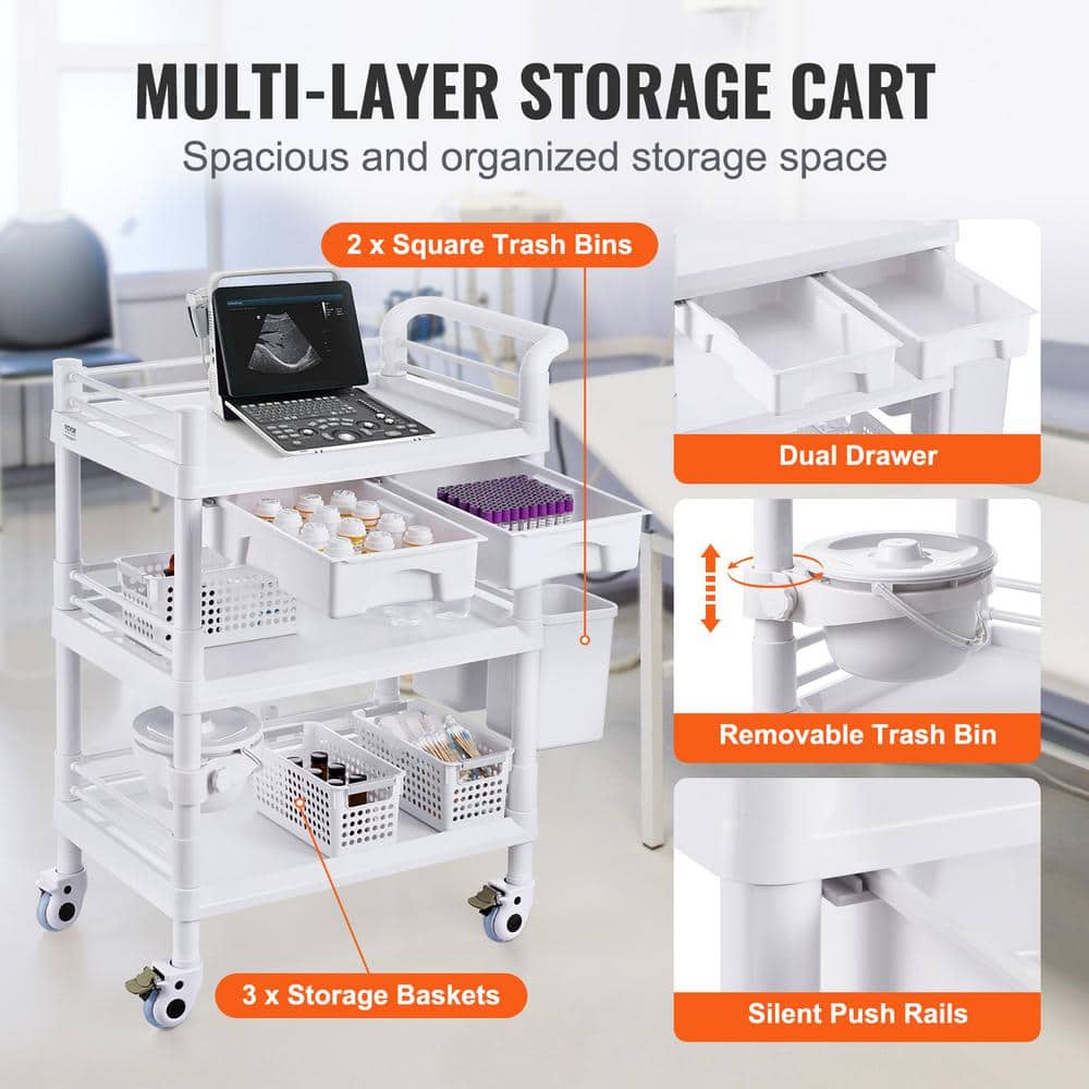 3 Tiers Lab Carts, Lab Utility Cart with 3 Trays & 4 Silent Wheels, Mobile Medical Cart, Lab Cart White Kitchen Cart - Hercitys