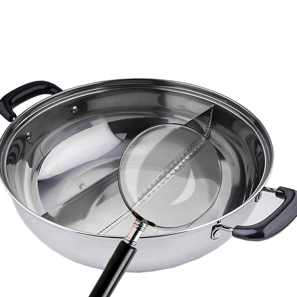 11 in. 4 qt. Stainless Steel Shabu Hot Pot with Divider and 3-Ladles - Hercitys