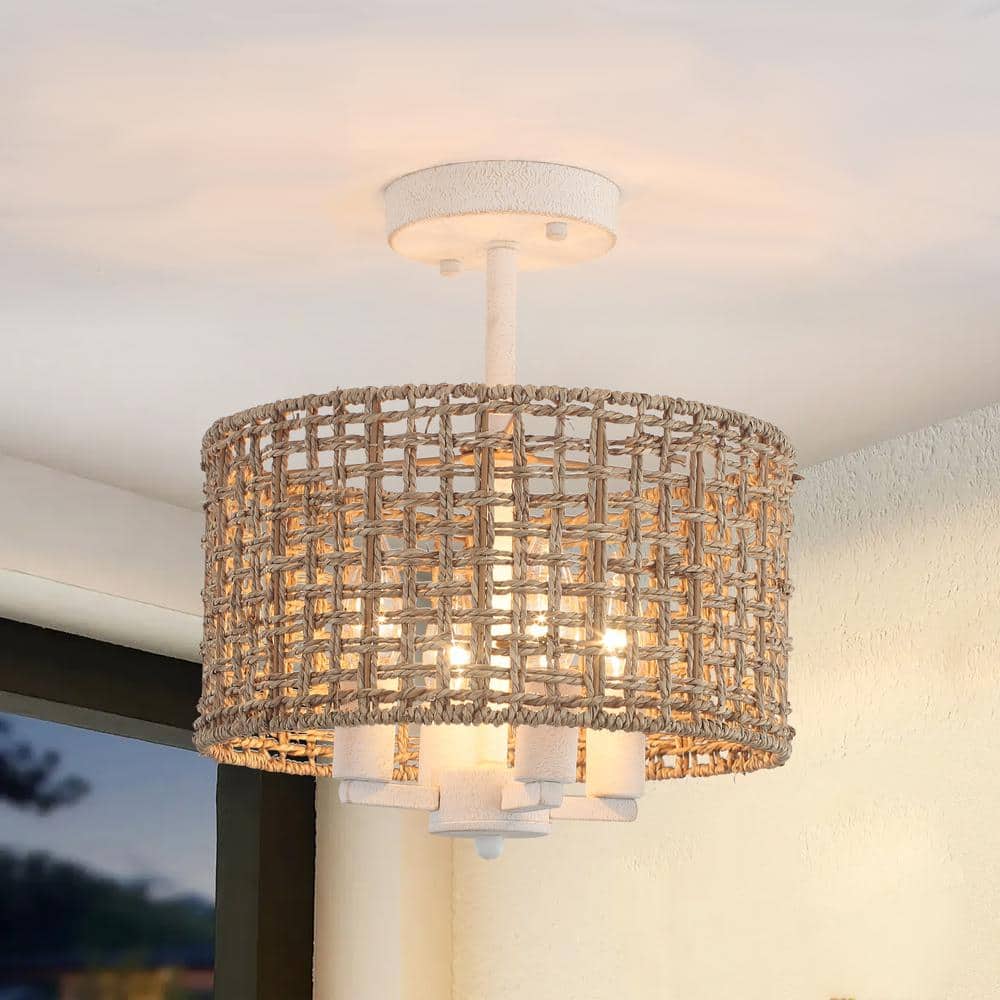 11.8 in. 4-Light Distressed White Farmhouse Drum Semi-Flush Mount Ceiling Light Fixture with Hand Woven Shade - Hercitys