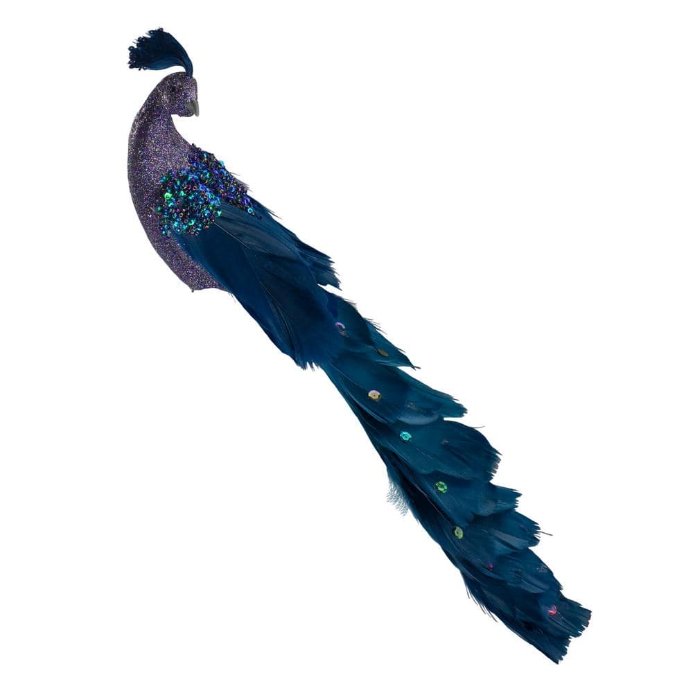 14.75 in. Glittered Blue and Green Peacock Christmas Clip-On Christmas Ornament - Hercitys