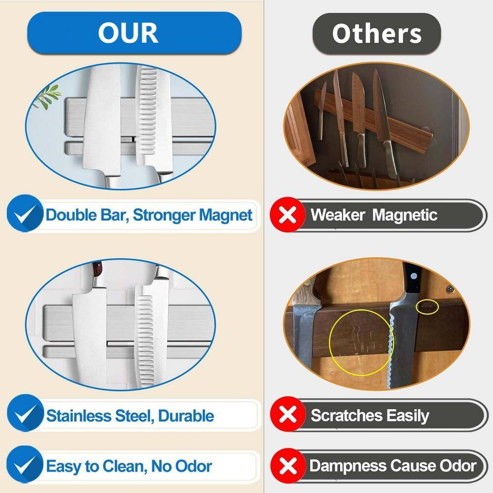 5-Knife 17 in. 304 Stainless Steel Magnetic Knife Strip, Magnetic Knife Bar with 12 Hooks and 3 Mounting Options - Hercitys