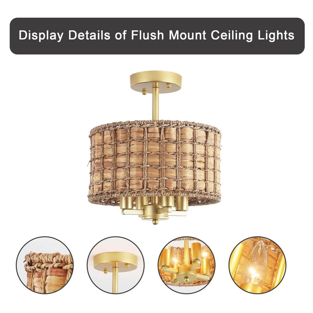 11.81 in. 4-Light Gold Drum Natural Rattan Seagrass Semi Flush Mount Ceiling Light Fixtures with No Bulbs Included - Hercitys