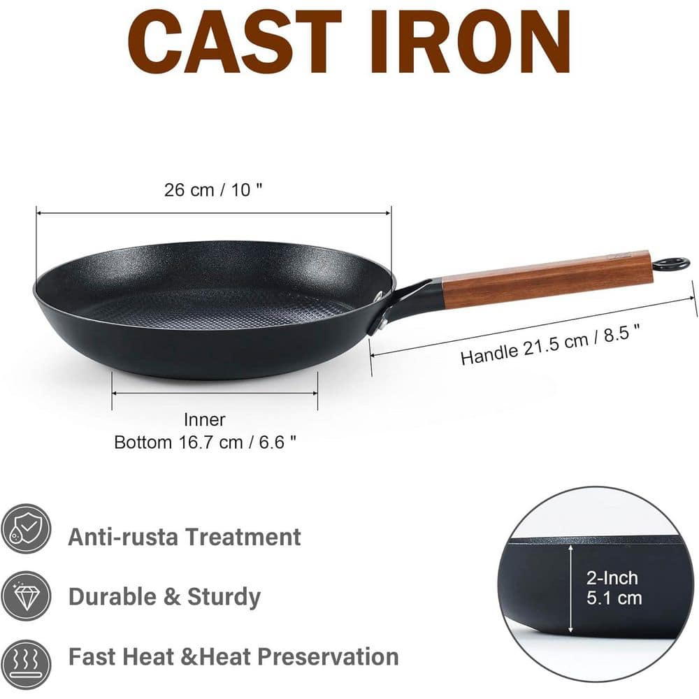 10 in. Cast Iron Nonstick Frying Pan Skillet with Detachable Acacia Wooden Handle, Honeycomb Non Stick Omelet Egg Pan - Hercitys